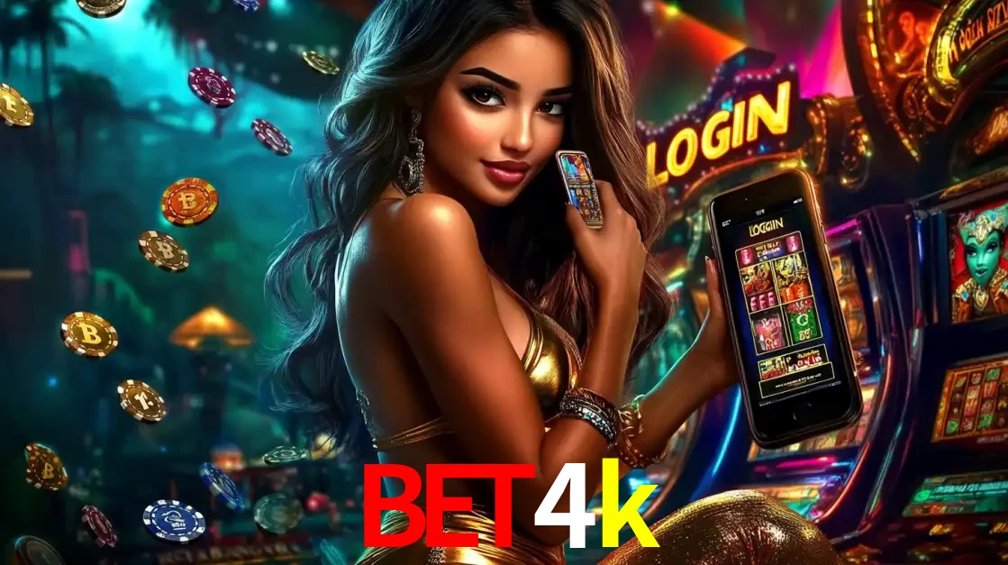 Mulher em um cenário de cassino temático de aventura, mostrando o app de caça-níqueis da bet4k no celular. Fichas de apostas flutuam ao redor.