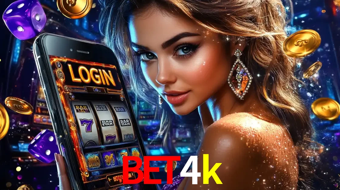 Mulher glamorosa segurando um smartphone com a tela de login para os jogos de caça-níqueis do cassino online bet4k, com moedas de ouro e dados ao redor.