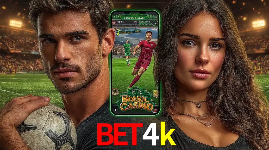 Homem segurando uma bola de futebol e uma mulher ao lado de um smartphone exibindo o jogo de apostas esportivas da bet4k. Faça seu palpite no cassino online.